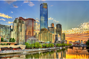 Sunset over the yarra river in melbourne australia containing melbourne, an Architecture Photo by Leonid Andronov