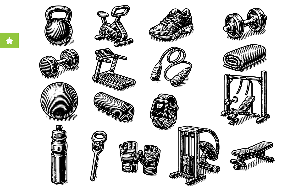 Vintage Gym Fitness Equipment Set, an Object Graphic by RT Studio (Photo 1 of 4)
