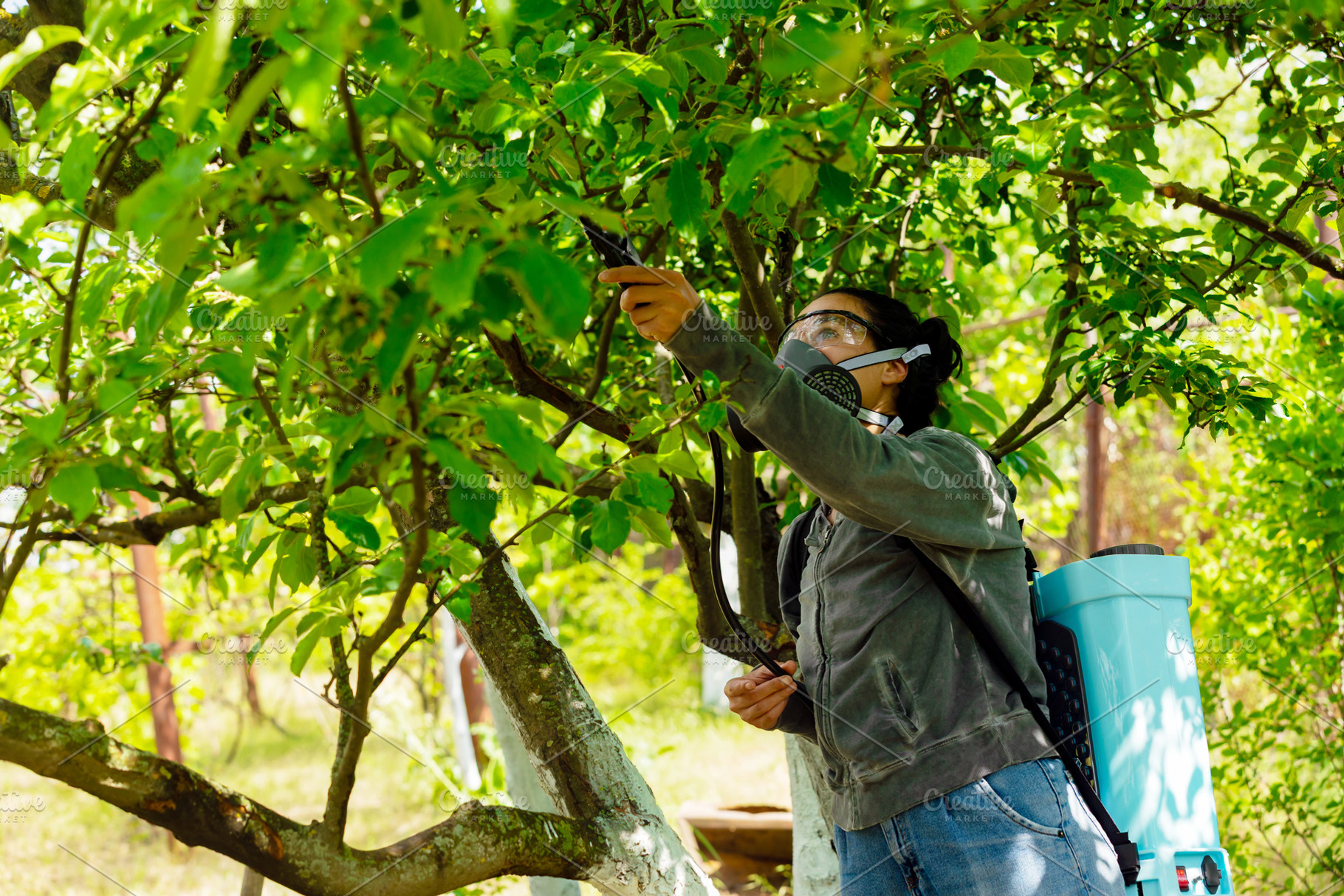 Person in protective gear sprays trees in a green orchard. Concept of agricultu, a Person Photo by Ales Munt