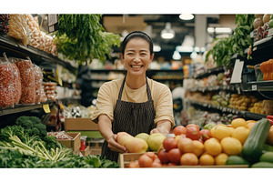 Smiling Asian female grocery store, a Food & Drink Photo by Sergey Kotenev