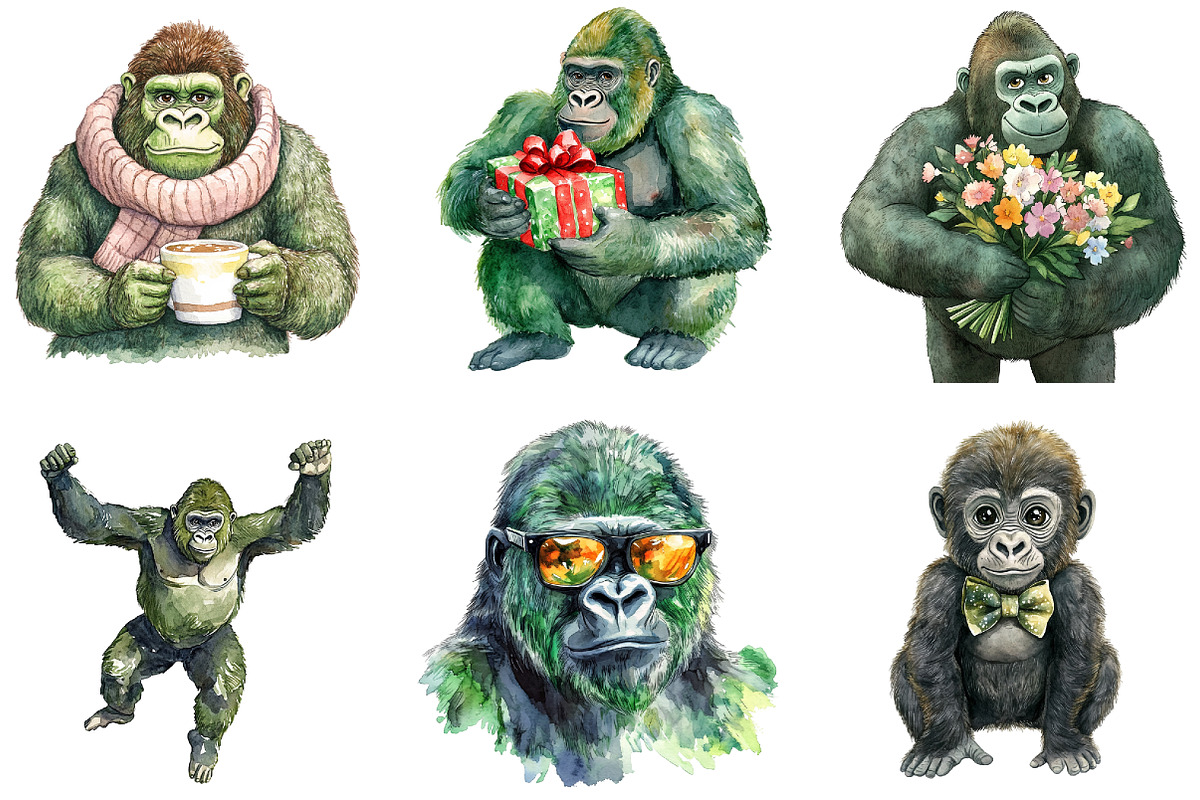 Watercolor Green Gorilla Collection, an Illustration by DreamArtGraphic (Photo 5 of 5)