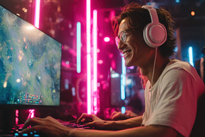 Gamer plays video game with pink hea, a Photo by Pixeness Studio