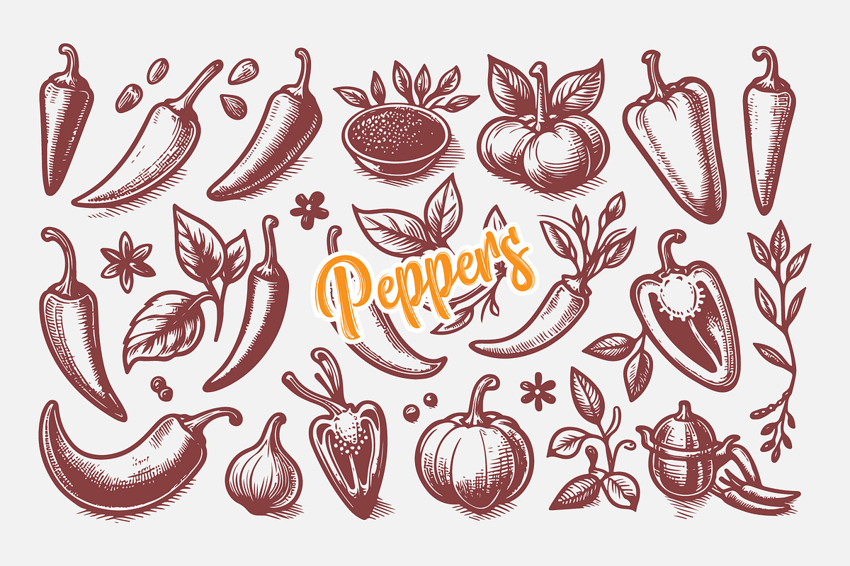 Hand Drawn Peppers and Herbs Coll, a Food Illustration by MkStudio (Photo 3 of 3)