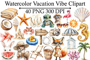 Watercolor Vacation Vibe Clipart, an Illustration by Design Market