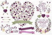 Plum Floral Heart & Banner Vectors, an Illustration by Amanda Ilkov (Thumbnail 1 of 4)