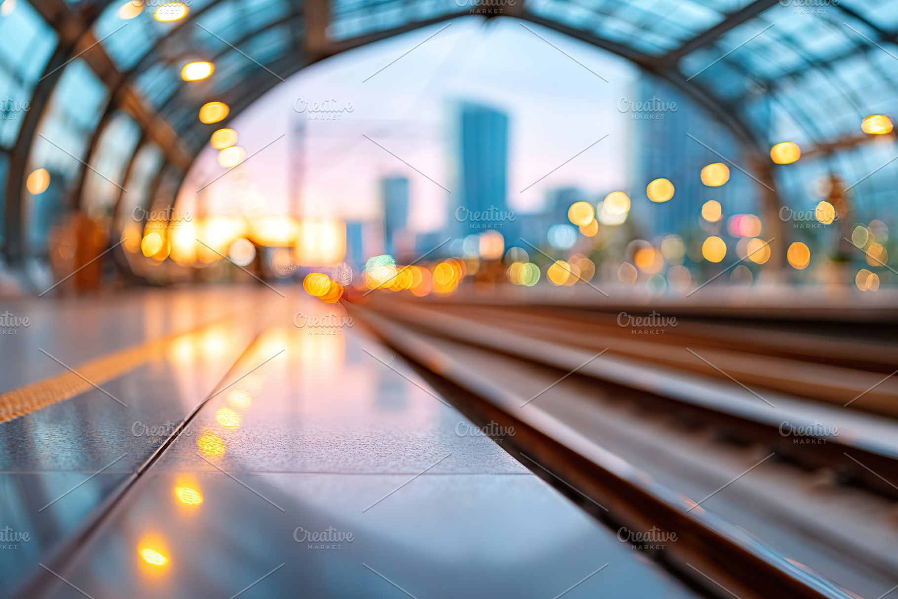 Train tracks glimmering at sunset in a bustling urban train station, a Photo by AlyaAnd