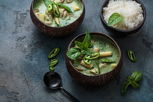 Spicy green curry with copy space