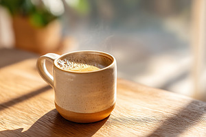 Enjoying freshly brewed coffee in a ceramic mug on a sunny morning, a Food & Drink Photo by AlyaAnd
