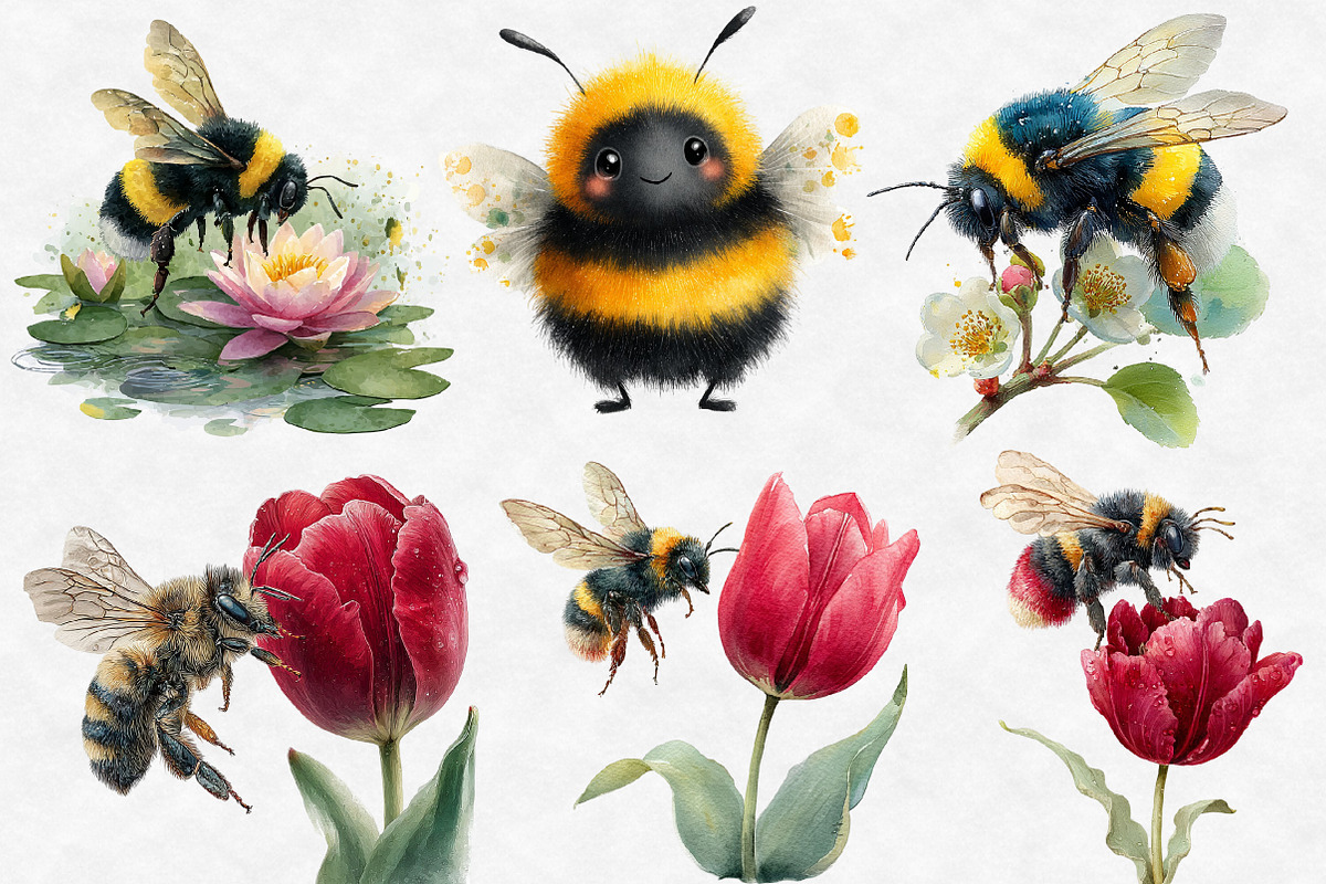 Watercolor Spring Bees Clipart, an Illustration by Designworld (Photo 2 of 6)