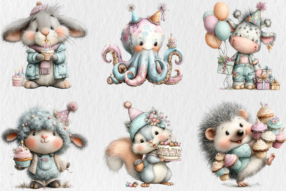 Whimsical Birthday Animal Clipart, a Seasonal Illustration by Rose Art (Photo 2 of 6)