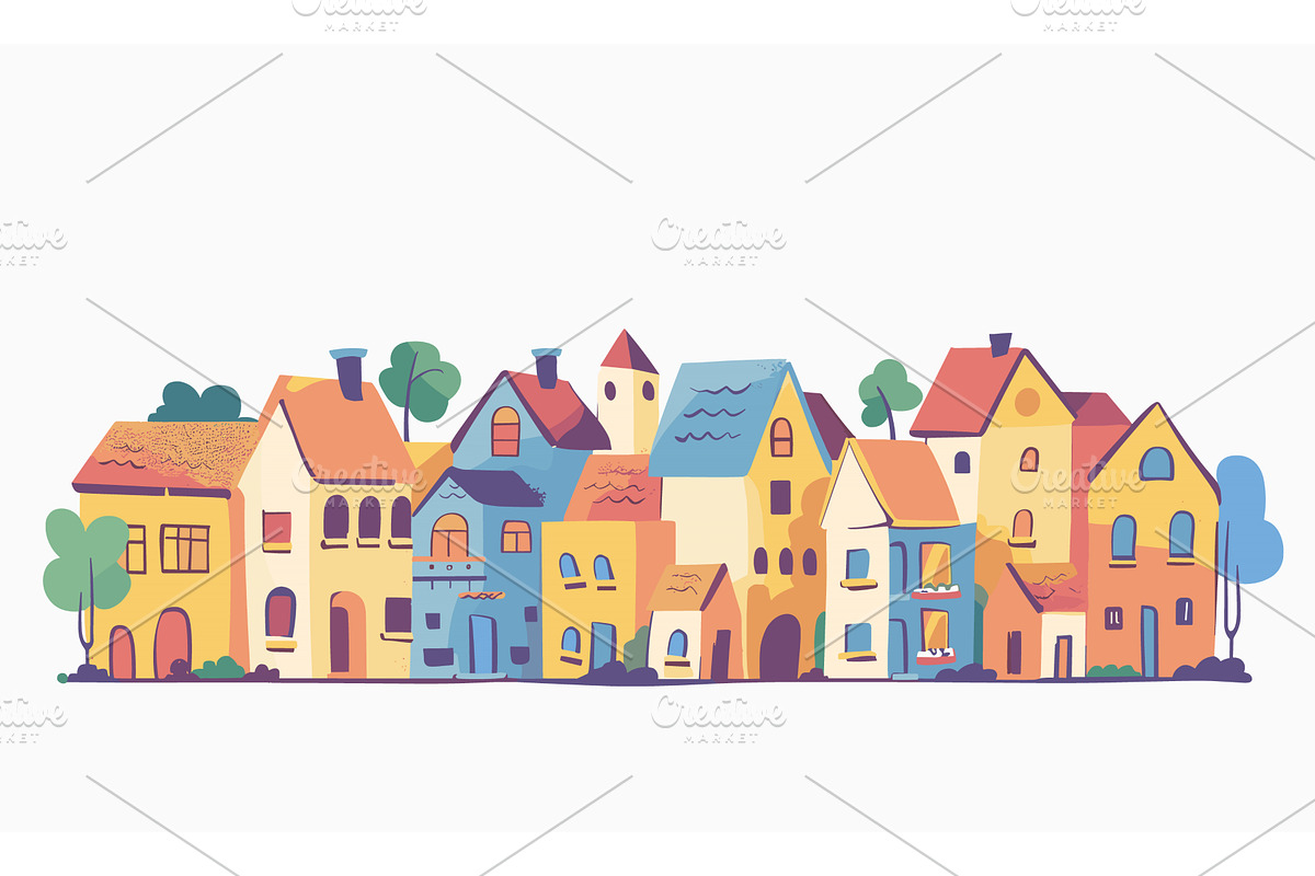 Colorful cartoon houses lined up, an Object Illustration by Vectorstockersland