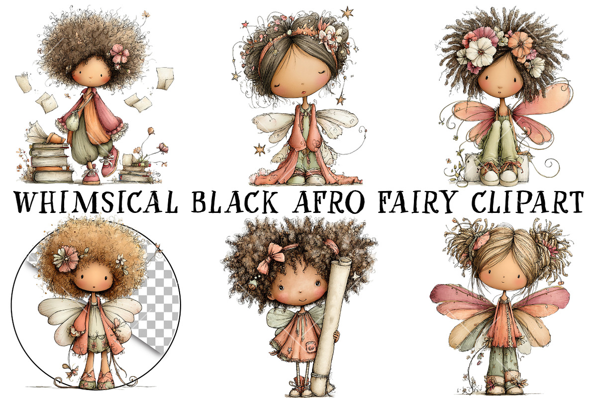 Whimsical Black Afro Fairy Clipart, an Illustration by OK Design (Photo 2 of 6)