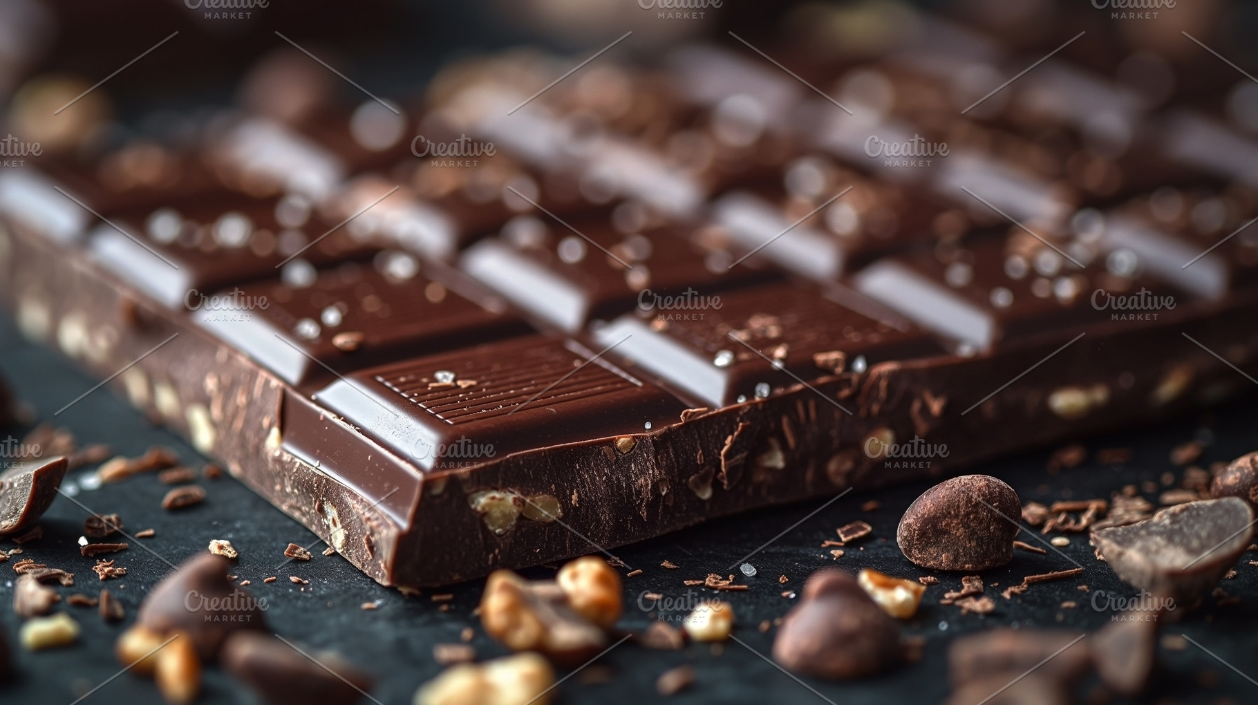Rich, dark chocolate bar with crunchy nuts, surrounded by chocol, a Food & Drink Photo by ImageMir