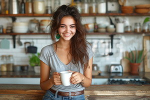 Smiling young woman holding a coffee cup in a cozy kitchen setti, a Person Photo by ImageMir