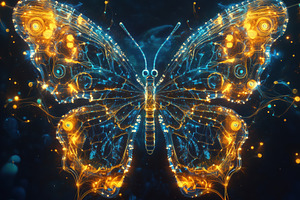 A glowing butterfly with intricate patterns made of light, featuring vibrant bl, an Animal Photo by Textures & Backgrounds