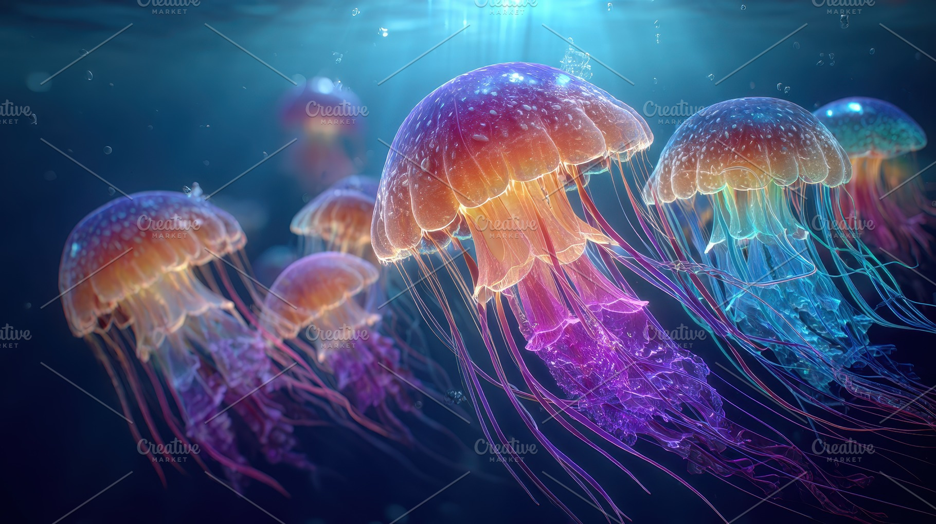 Colorful Jellyfish Underwater Scene, a Photo by Pixeness Studio