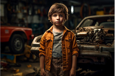 Car mechanic child garage. Generate, an Industrial Photo by Ylivdesign