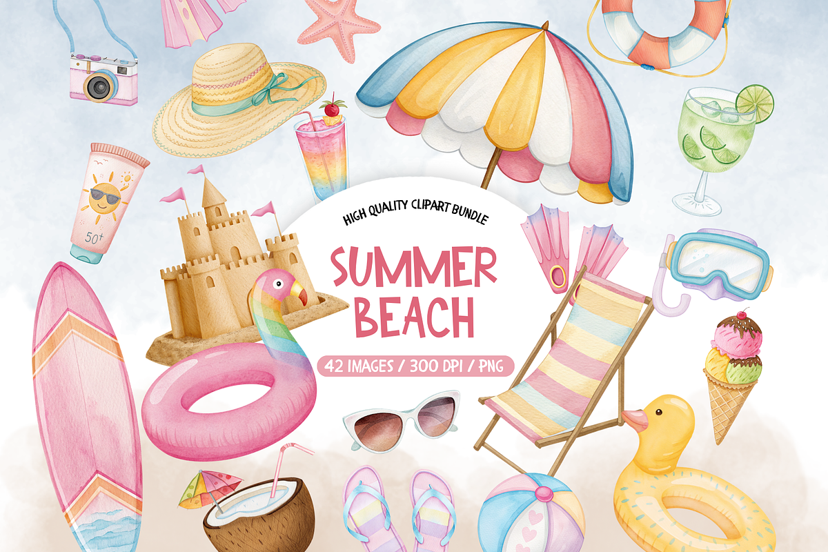 Watercolor Summer Clip Art, an Illustration by TatiMockup (Photo 1 of 5)