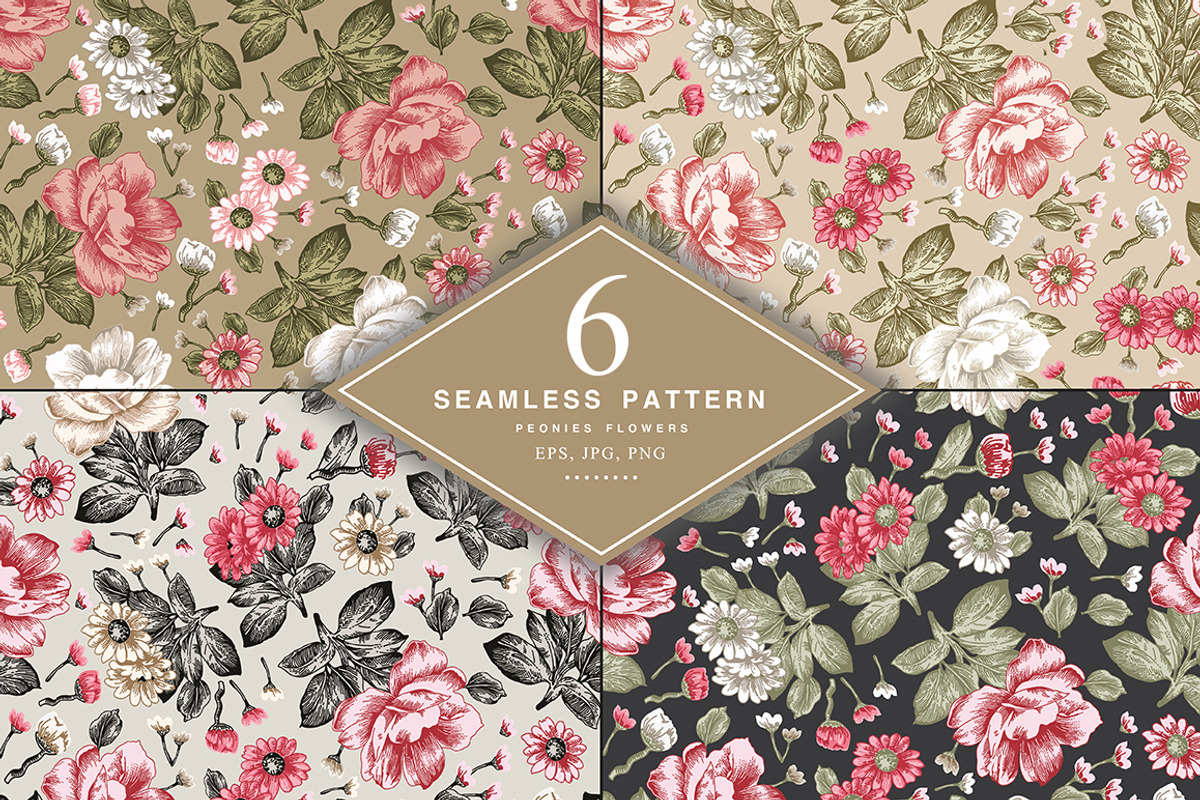 Seamless Flowers Peonies Chamomile, a Pattern Graphic by Vintage (Photo 1 of 11)