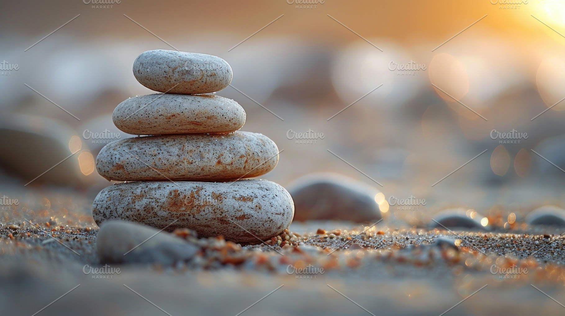 Balanced stacked stones on sandy beach at sunset, zen mindfulnes, a Nature Photo by José Manuel Gelpi