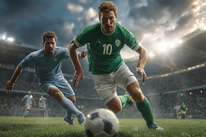 Soccer player dribbling intense matc, a Photo by Pixeness Studio
