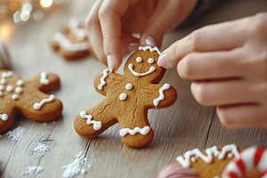 Female hands decorating gingerbread man cookie on wooden backgro, a Holiday Photo by AlyaAnd