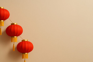 Chinese lunar new year red lanterns, a Photo by Dvoevnore photos