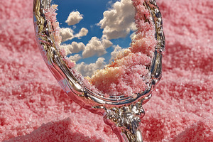 Ornate silver hand mirror standing in pink crystal sand reflecti, an Abstract Photo by José Manuel Gelpi