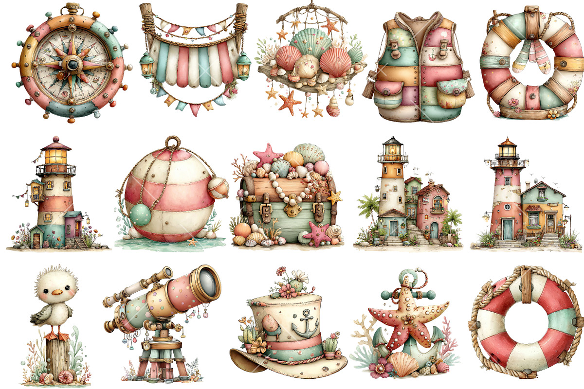 Whimsical Nautical Summer Clipart, an Illustration by OK Design (Photo 2 of 6)