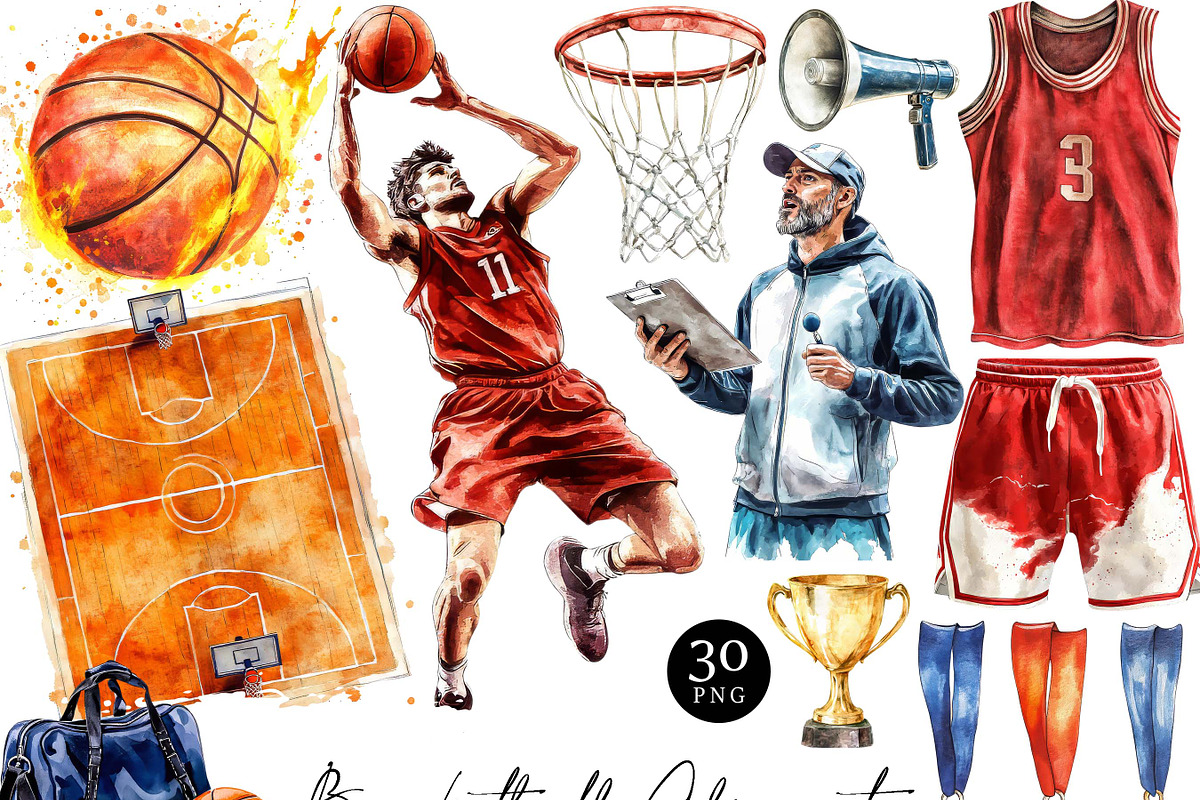 Watercolor Basketball Clipart Bundle, a Sport Illustration by Design Scotch