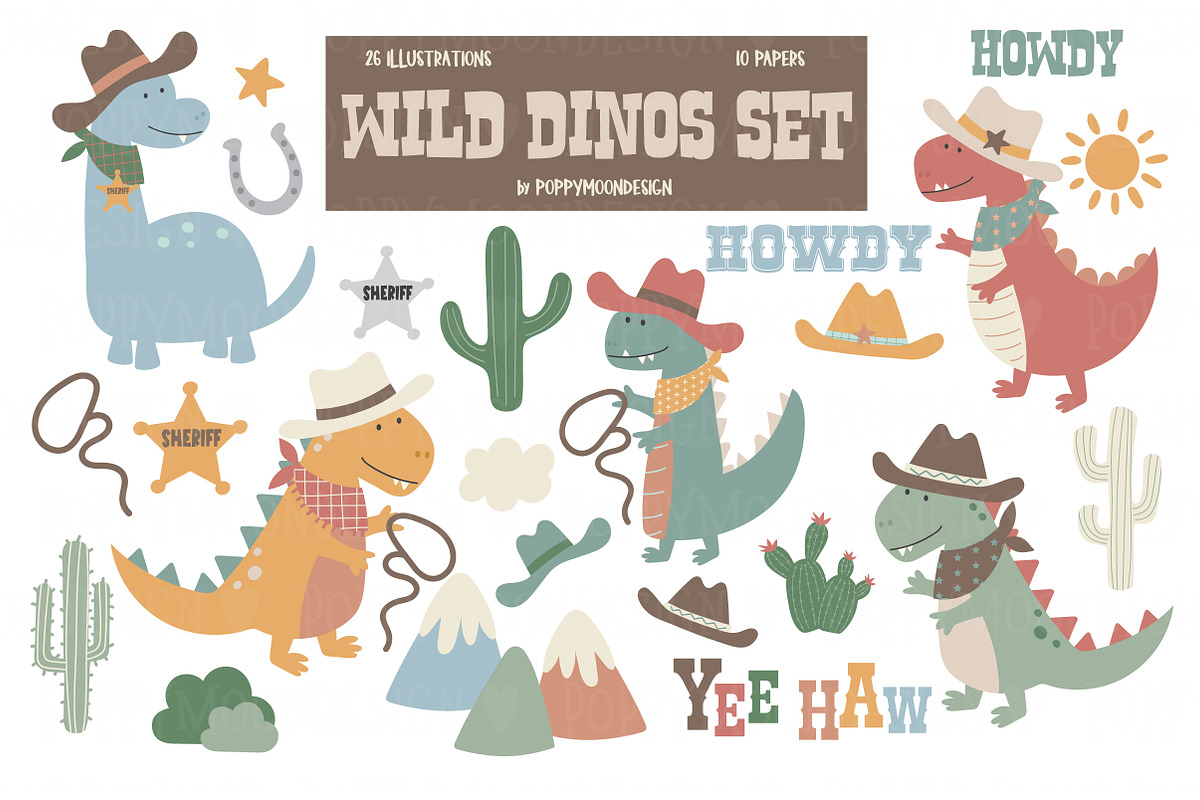 Wild Dinos clipart & paper set, an Illustration by Poppymoondesign (Photo 1 of 5)