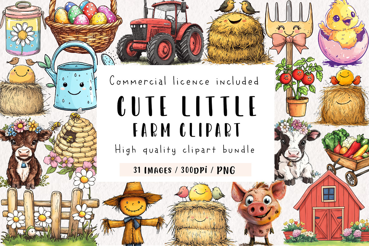 Watercolor Cute Little Farm Clipart, an Illustration by CreationArt (Photo 1 of 9)