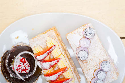 selection of fresh cream cake dessert plate, a Food & Drink Photo by keko64