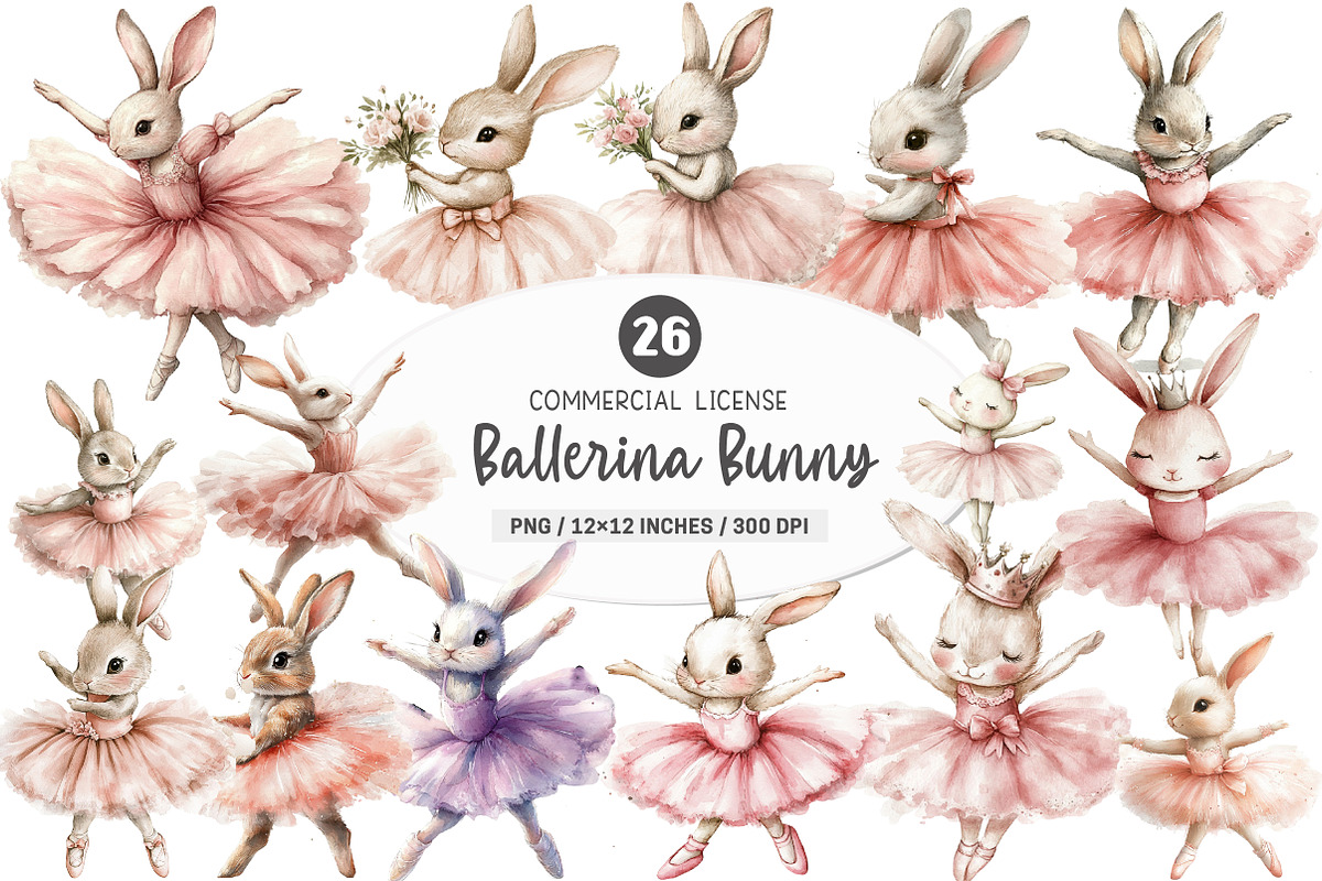 Watercolor Ballerina Bunny Clipart, an Illustration by SinaCreation (Photo 1 of 5)