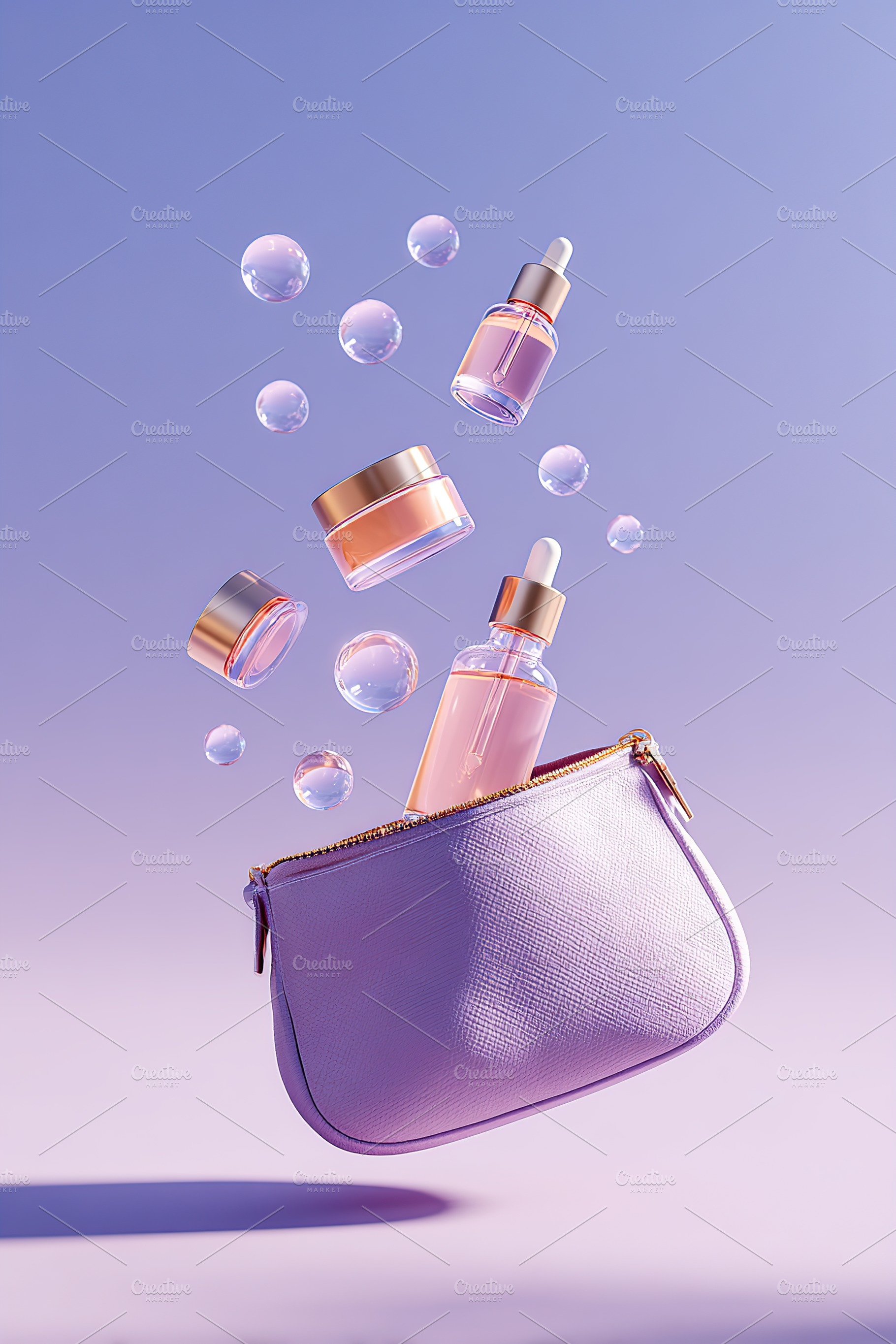 Stylish collection of serum dropper bottles and cream jars floating from a cosm, a Beauty & Fashion Photo by AlyaAnd
