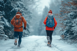 Two hikers, one male and one female, explore a snowy woodland path in winter, s, a Person Photo by ImageMir