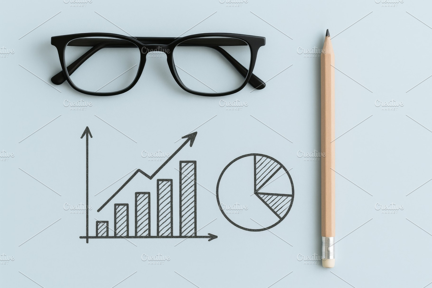 Glasses and pencil with chart drawin, a Photo by Dvoevnore photos