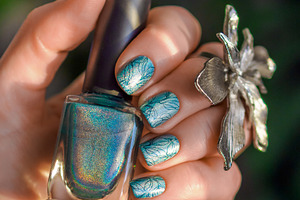 Blue holographic stamping manicure, a Beauty & Fashion Photo by Fascinadora
