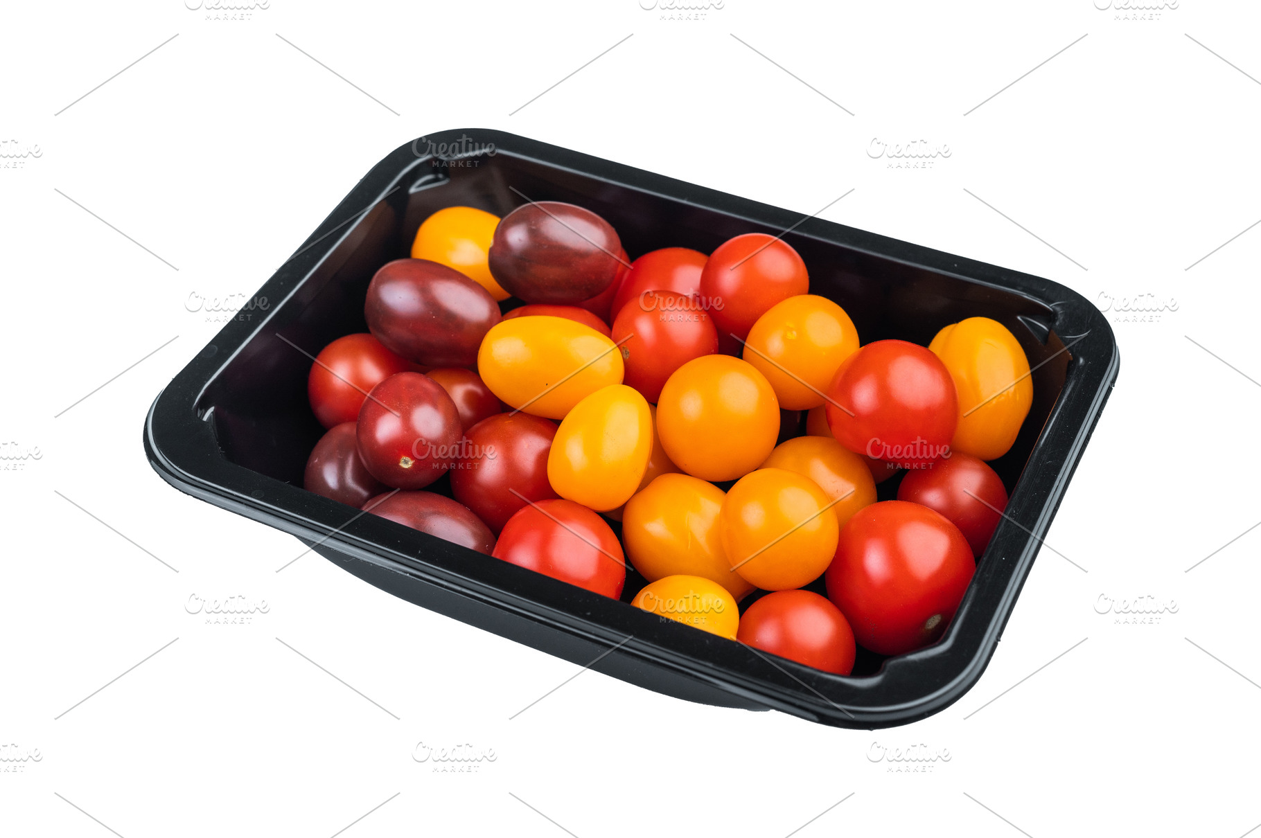 Colorful mix of cherry tomatoes in a black plastic container top, a Food & Drink Photo by composter-box@mail.ru