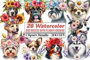 Watercolor Dog Breeds with Flower, an Animal Illustration by DreamCafeArt