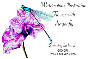 Watercolour Dragonfly On Flower