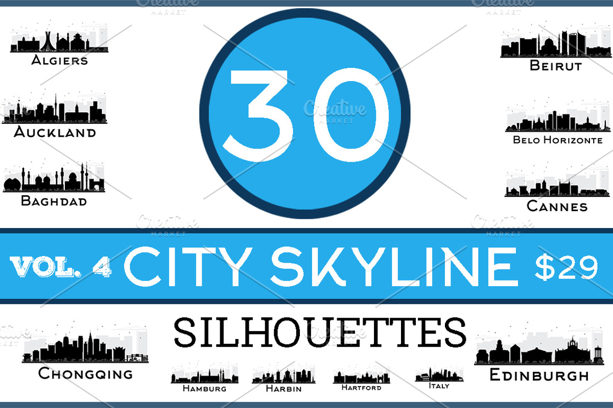 30 City Skyline Silhouettes Set 4, an Illustration by Booblgum (Photo 1 of 6)