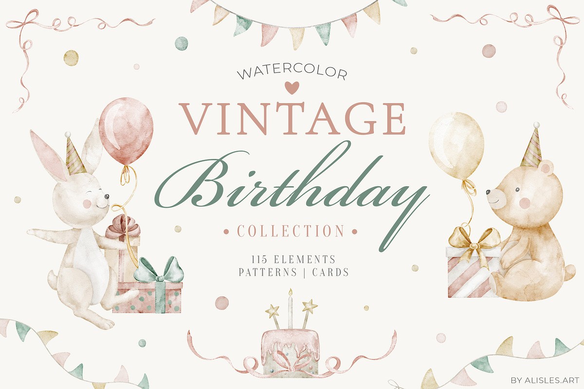 Vintage Birthday Party Clipart, a Seasonal Illustration by Alisles (Photo 1 of 11)