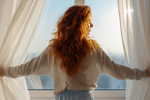 Redhead Woman Opens Curtains Sunligh, a Photo by Pixeness Studio