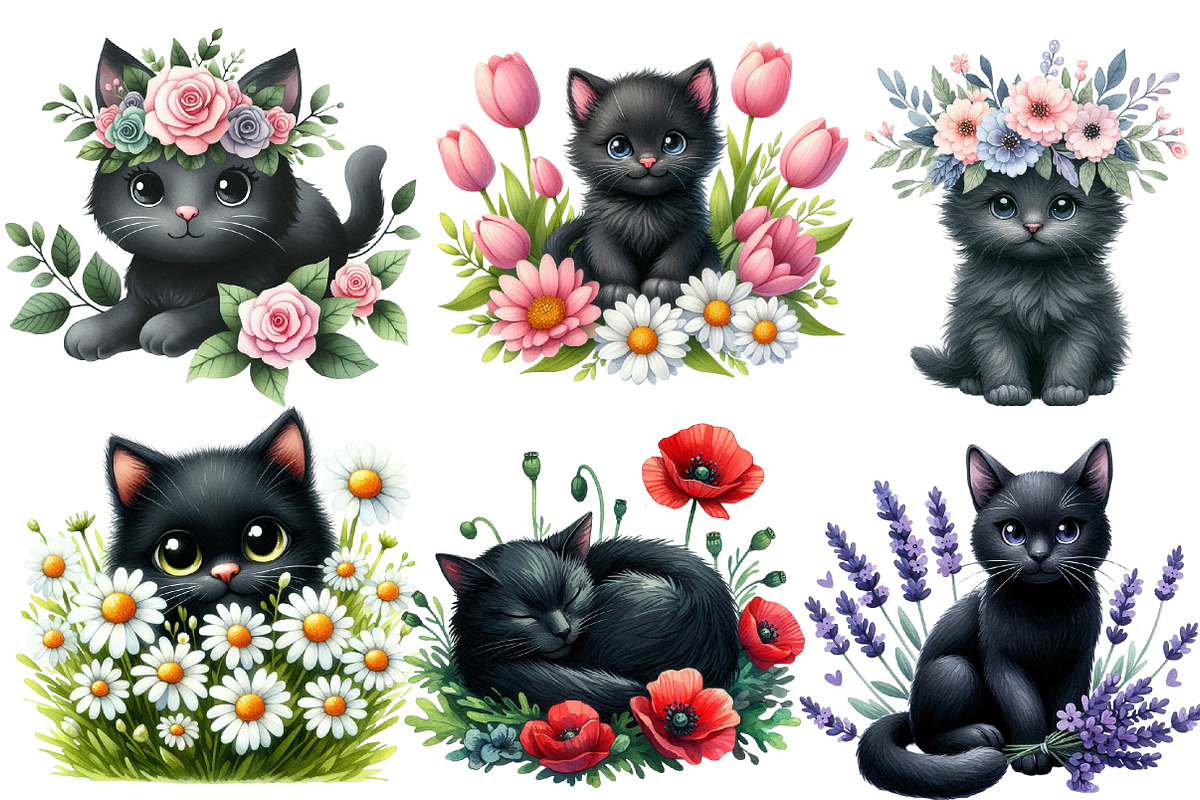 Watercolor Floral Black Cat Clipart, an Illustration by Designworld (Photo 2 of 5)