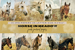 HORSE IN MEADOW JUNK JOURNAL PAGES, an Animal Illustration by Daring Digies