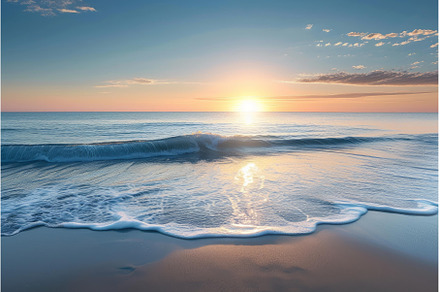 Serene beach sunrise with gentle, a Nature Photo by Ylivdesign