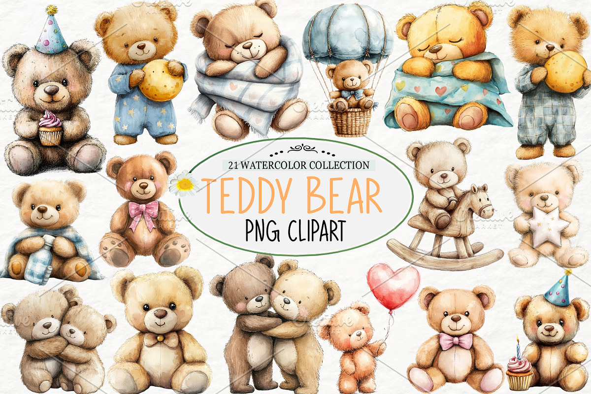 Teddy Bear Watercolor Clipart, an Illustration by Watercolor design (Photo 1 of 4)