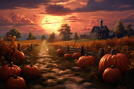 Pumpkin farm at sunset. 3D render. H, a Photo by Iftikhar Alam