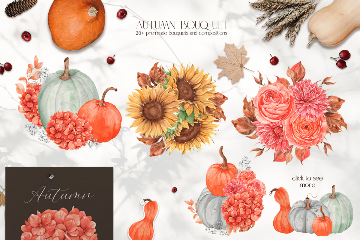 Watercolor Set Autumn Bouquet, a Decorative Illustration by ViktoriyaD (Photo 6 of 10)